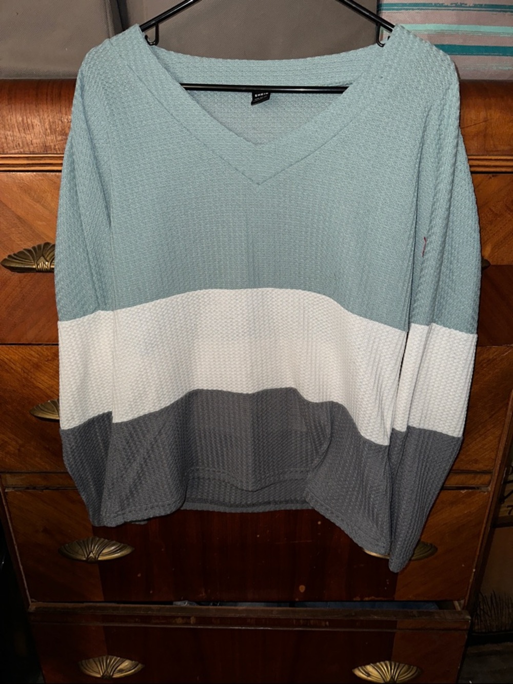 SHEIN Mint Green White Gray Colorblock V-Neck Sweater